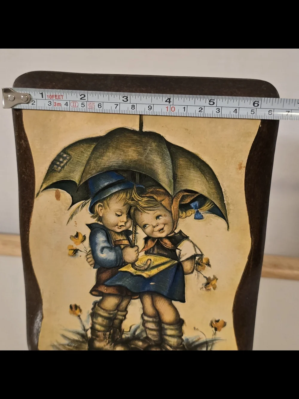 Vintage Evans Hummel Style Wood Plaque Boy Girl Umbrella Scafa-Tornabene 1970s